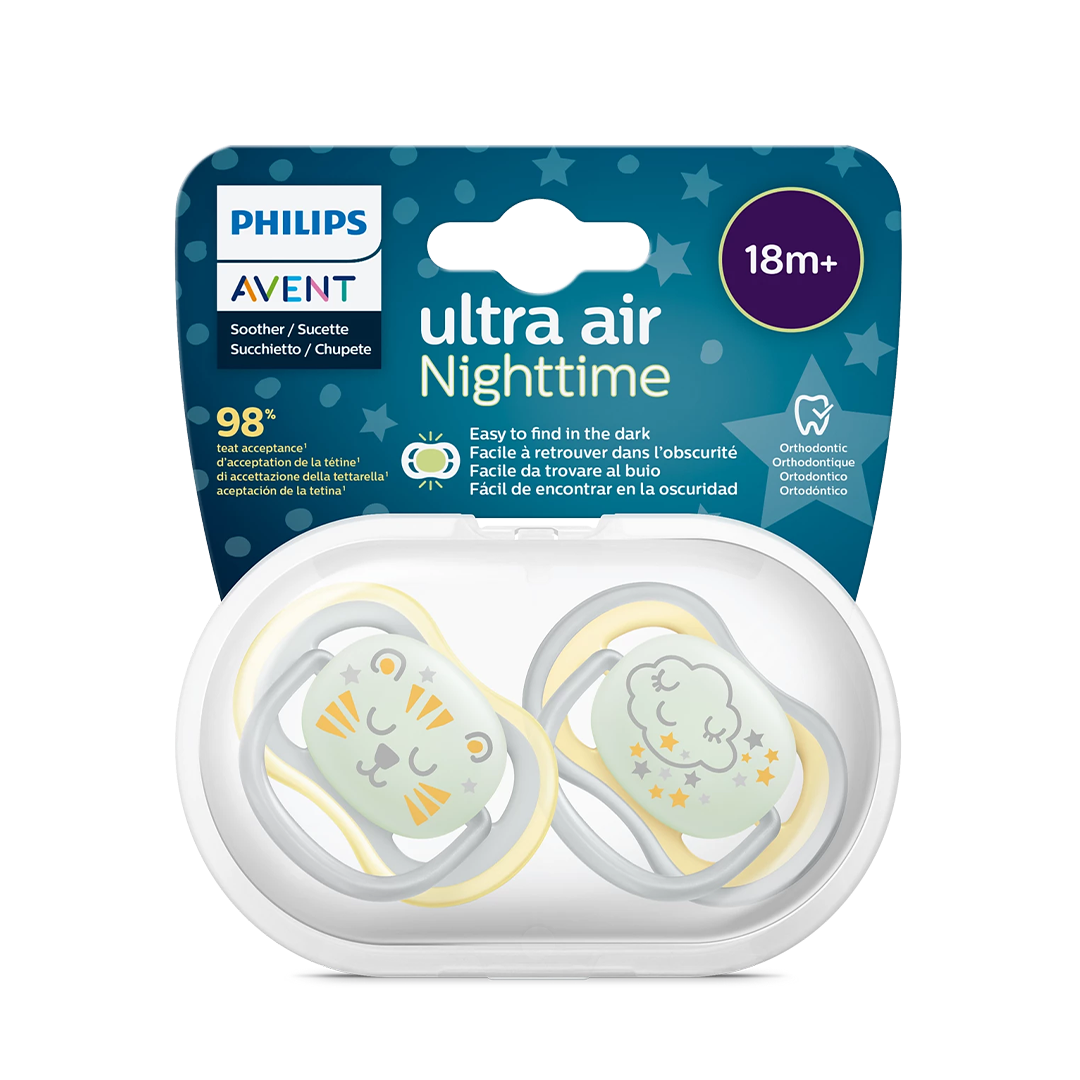 Philips Avent Soother Ultra Air Nighttime 18+ months x 2s (Yellow & Grey)