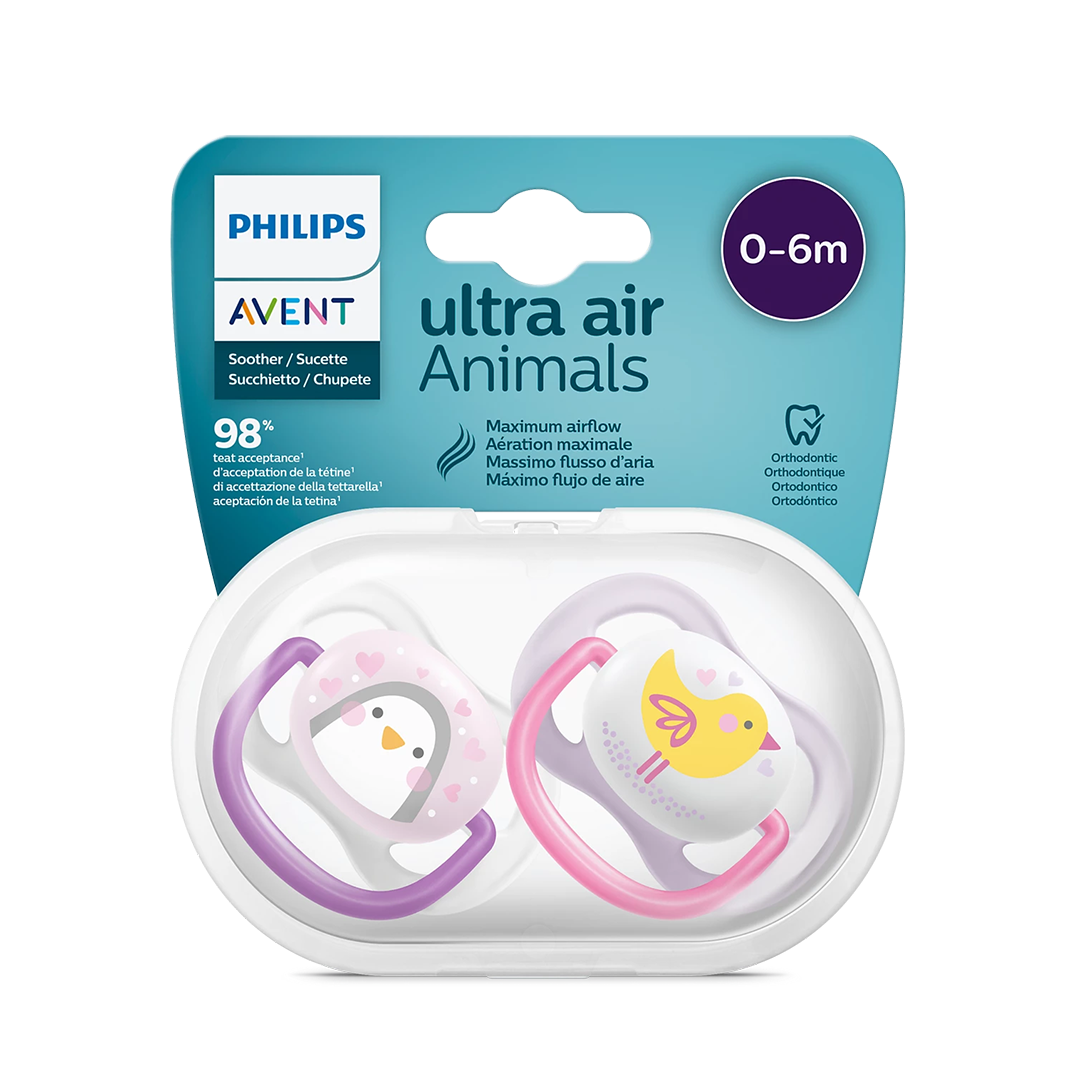 Philips Avent Soother Ultra Air Animals 0-6 months x 2s (Purple Penguin & Pink Chick)