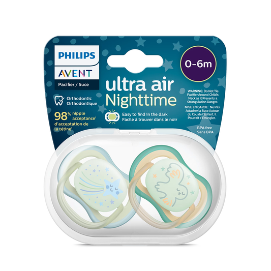 Philips Avent Soother Ultra Air Nighttime 0-6 months x 2s (Green & Orange)