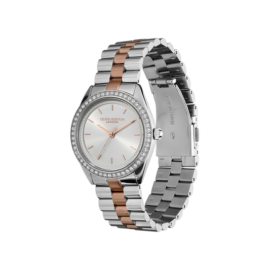 Olivia Burton Sports Luxe 34mm Bejewelled Silver & Two Tone Bracelet Watch Olivia Burton Sports Luxe 34mm Bejewelled Silver & Two Tone Bracelet Watch