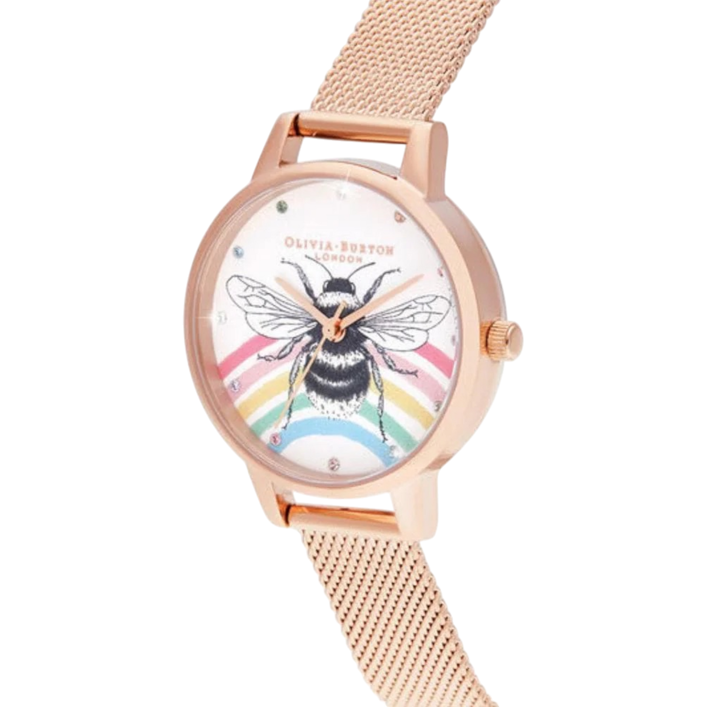 Olivia Burton Illustrated Animals 30mm Rainbow Bee & Rose Gold Mesh Watch