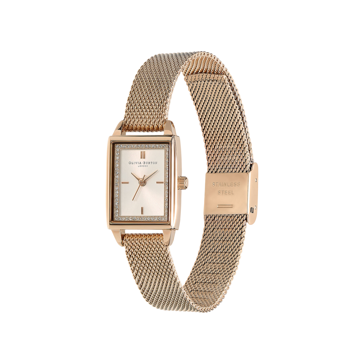 Olivia Burton Classic 21mm Rectangle White & Carnation Gold Mesh Watch
