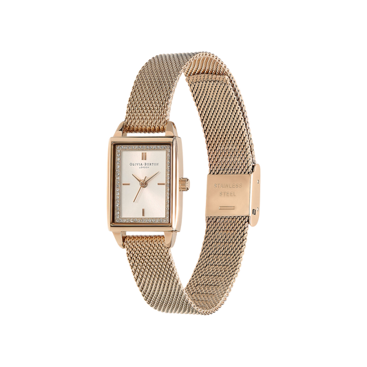 Olivia Burton Classic 21mm Rectangle White & Carnation Gold Mesh Watch Olivia Burton Classic 21mm Rectangle White & Carnation Gold Mesh Watch