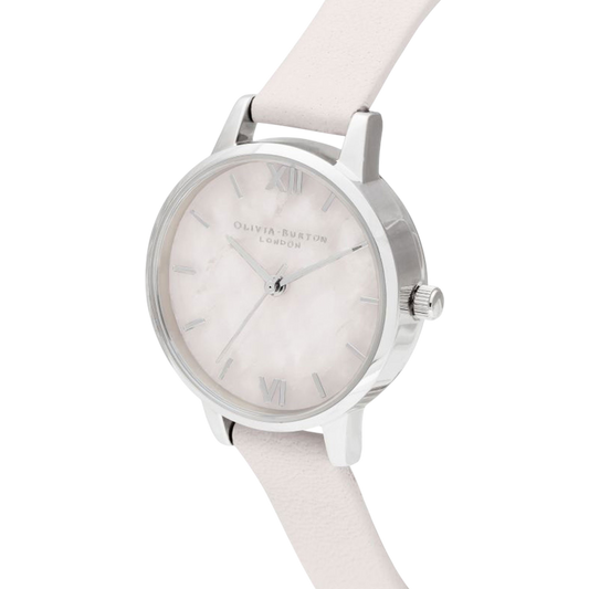 Olivia Burton Semi Precious 30mm Midi Rose Quartz Blossom & Pink Leather Strap Watch Olivia Burton Semi Precious 30mm Midi Rose Quartz Blossom & Pink Leather Strap Watch