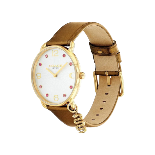 Coach Elliot Women's White Dial & Tan Leather Strap Watch with Snake Charm 28mm Coach Elliot Women's White Dial & Tan Leather Strap Watch with Snake Charm 28mm
