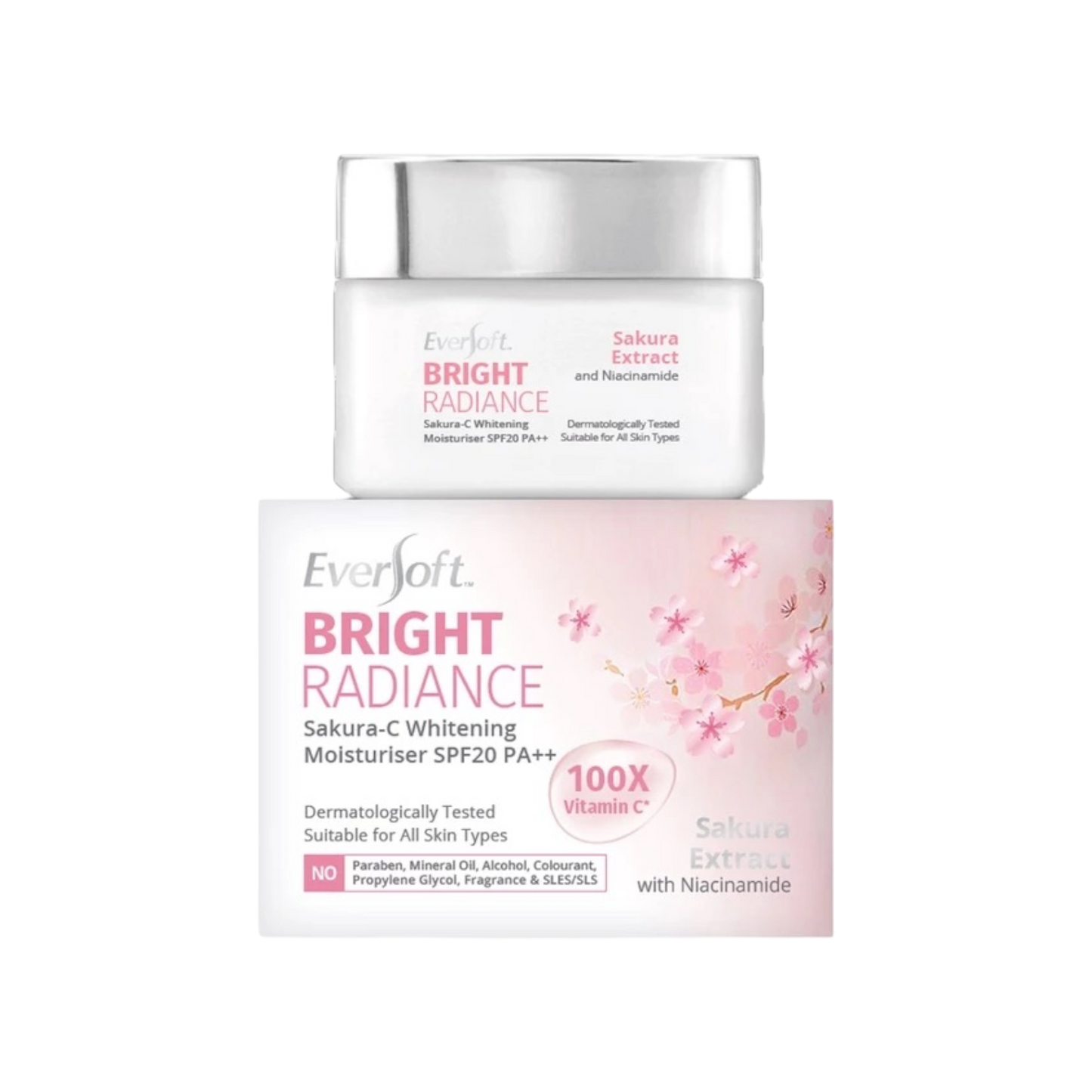 Eversoft Bright Radiance Sakura-C Whitening Moisturiser SPF 20 PA++ 50g (Free Eversoft Bright Radiance Sakura-C Whitening Gel Moisturiser 50g)