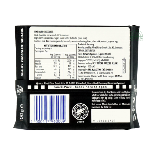 Ritter Sport Fine Extra Dark Chocolate 70% 100g Ritter Sport Fine Extra Dark Chocolate 70% 100g