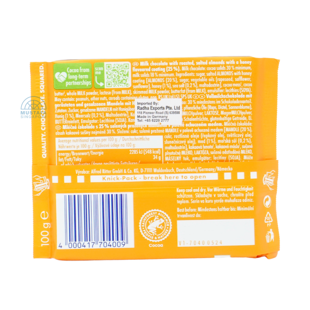 Ritter Sport Honey Salted Almonds with Honey Roasted Almonds and A Touch of Sea Salt 100g