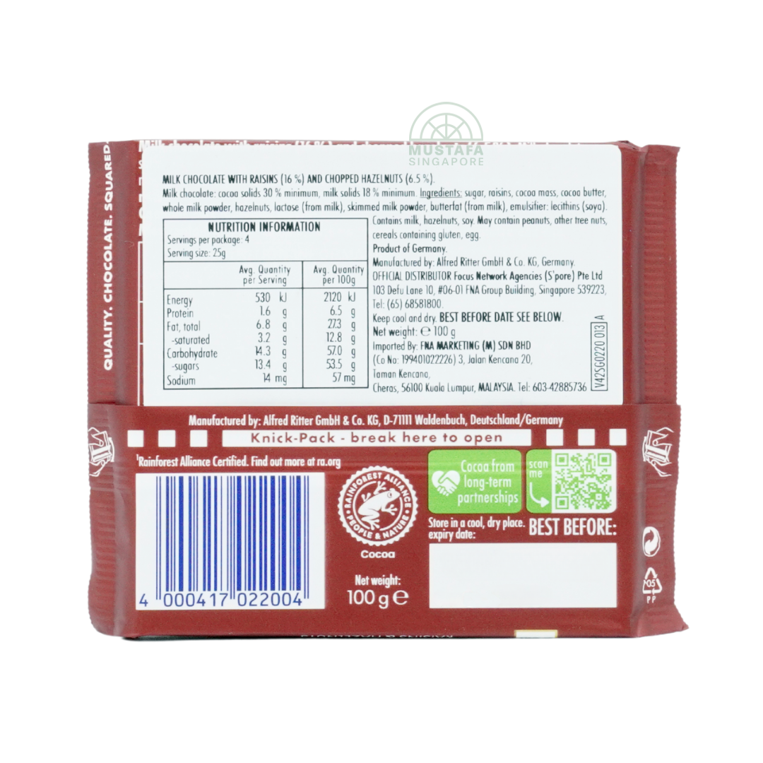 Ritter Sport Milk Chocolate with Raisins & Hazelnuts 100g