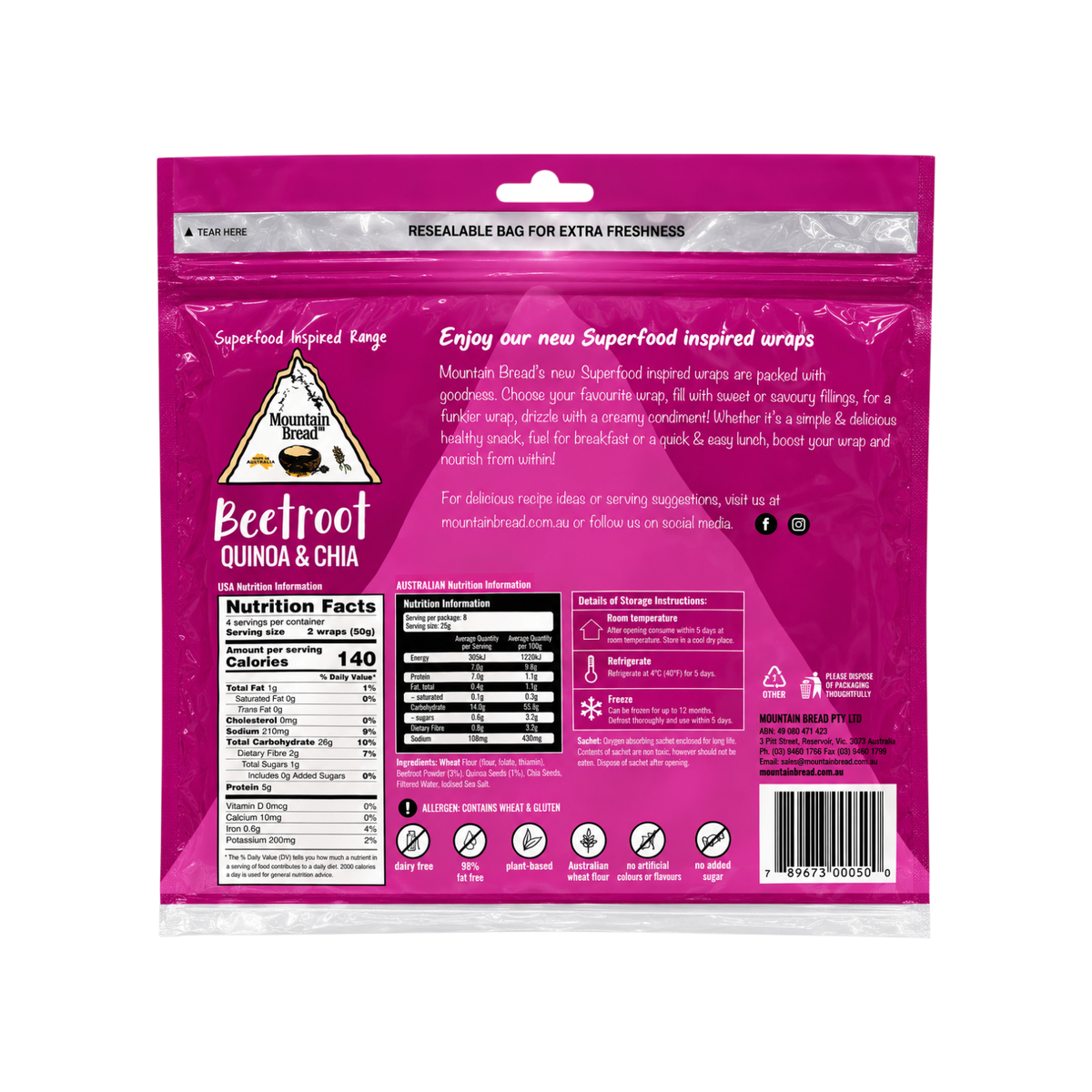 Mountain Bread Beetroot Quinoa & Chia Wraps 8 Pcs 200g