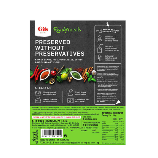 Gits Rajma Masala & Basmati Rice Combo Meal (Mild Spicy) 375g