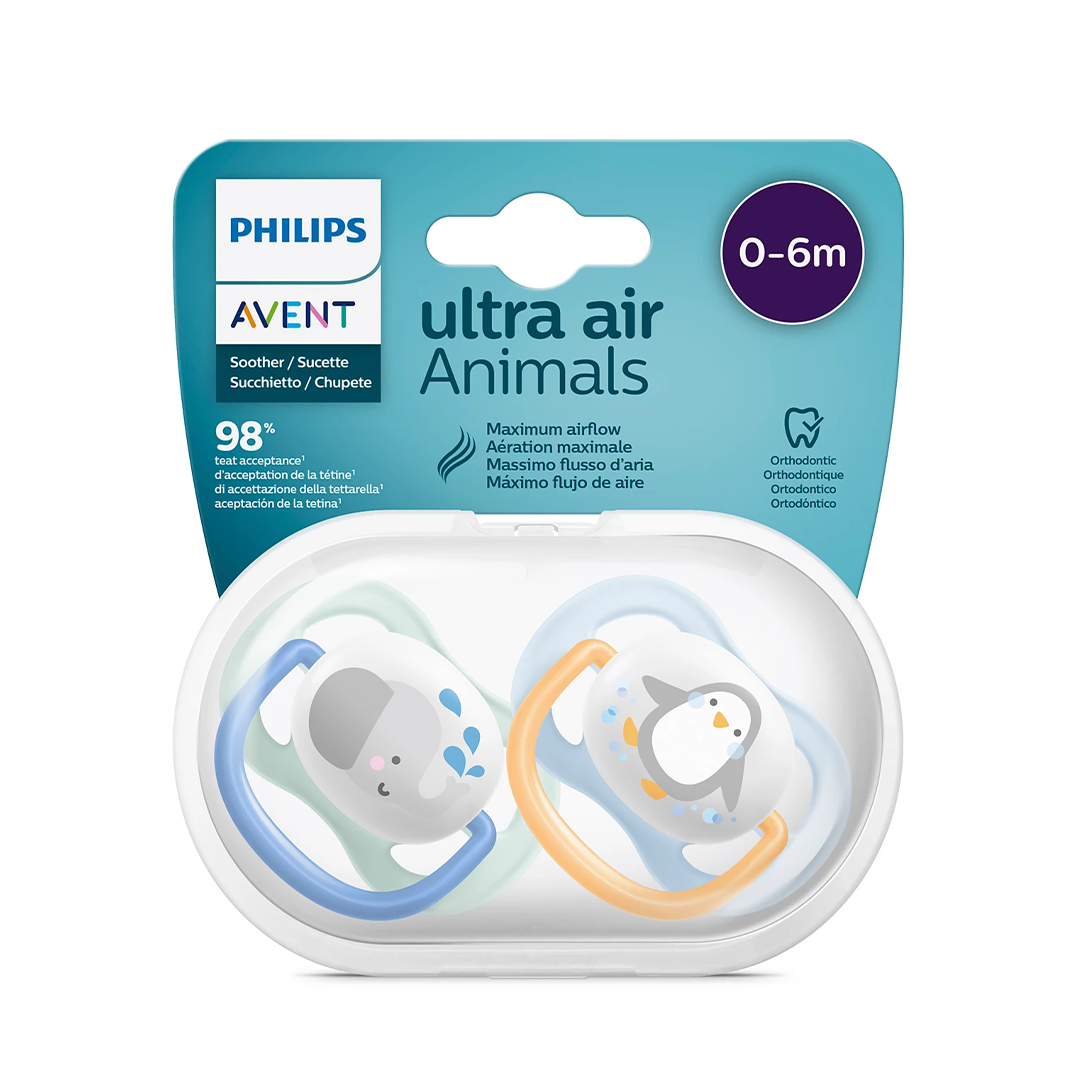 Philips Avent Soother Ultra Air Animals 0-6 months x 2s (Blue Elephant & Orange Penguin)