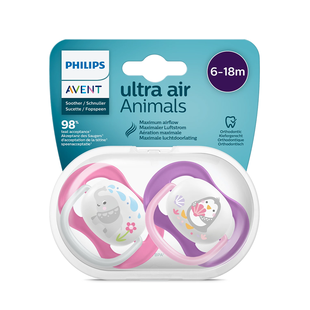 Philips Avent Soother Ultra Air Animals x 2s 6-18 months (Grey Elephant & Pink Penguin)