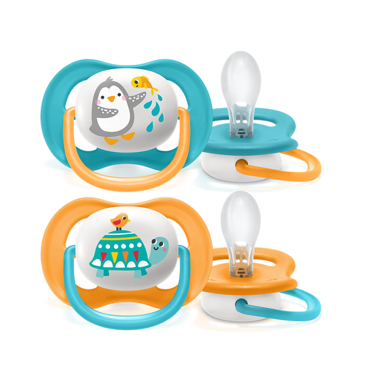 Philips Avent Soother Ultra Air Animals 6-18 months x 2s (Orange Penguin & Blue Tortoise)