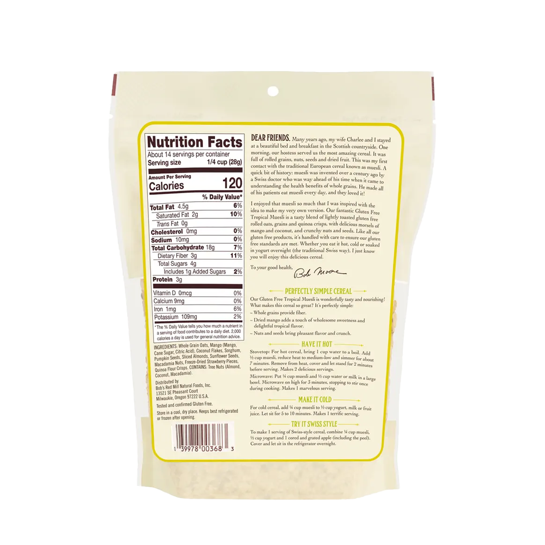 Bob's Red Mill Gluten Free Muesli Mango and Coconut (Hot & Cold Cereal) 397g