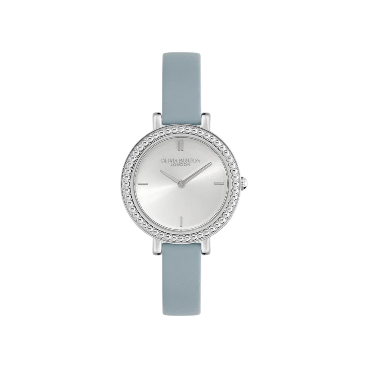 Olivia Burton Classic 30mm Vintage Bead Silver White & Chalk Blue Leather Strap Watch