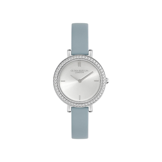 Olivia Burton Classic 30mm Vintage Bead Silver White & Chalk Blue Leather Strap Watch