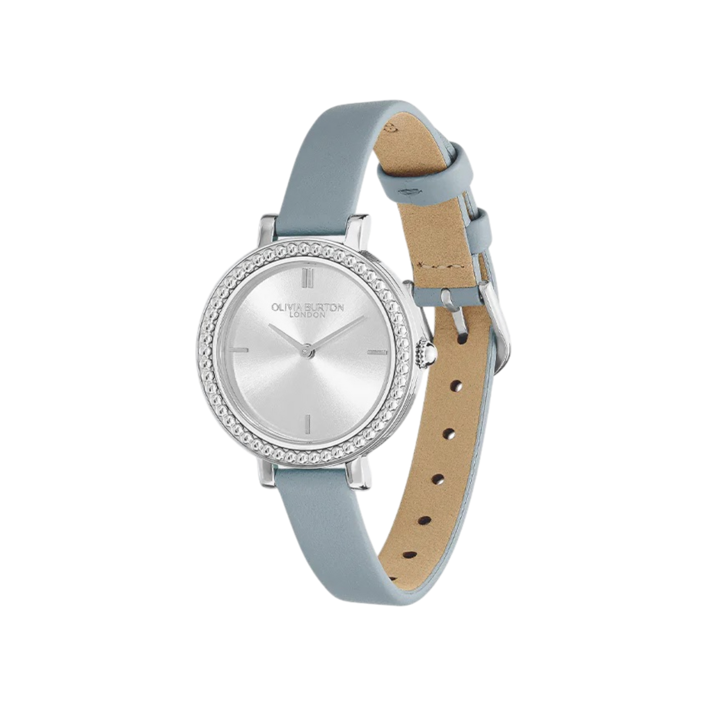 Olivia Burton Classic 30mm Vintage Bead Silver White & Chalk Blue Leather Strap Watch