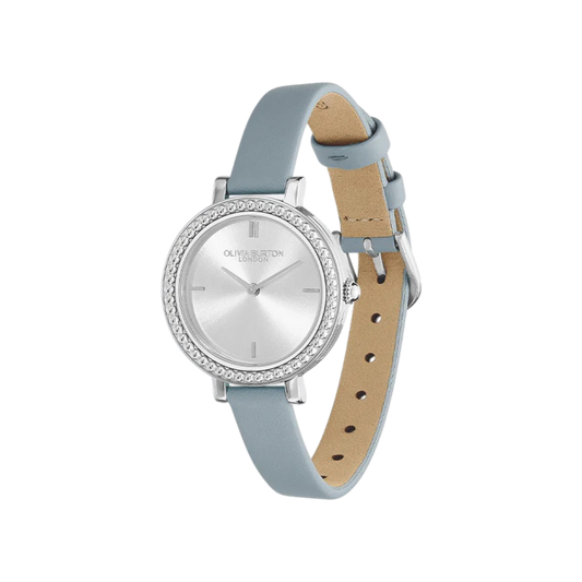 Olivia Burton Classic 30mm Vintage Bead Silver White & Chalk Blue Leather Strap Watch
