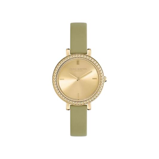 Olivia Burton Classic 30mm Vintage Bead Gold & Sage Green Leather Strap Watch