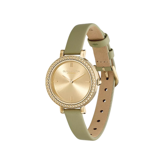Olivia Burton Classic 30mm Vintage Bead Gold & Sage Green Leather Strap Watch