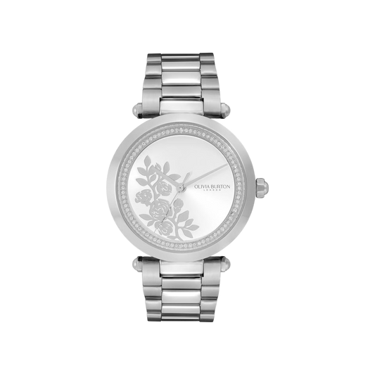 Olivia Burton Signature 34mm Floral T-Bar Silver Bracelet Watch