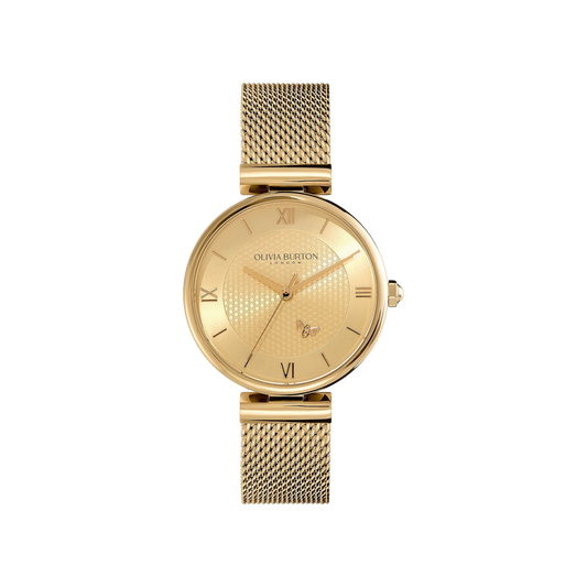 Olivia Burton Minima Bee 36mm T-Bar Gold Mesh Watch