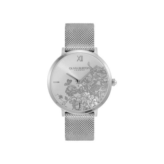 Olivia Burton Floral Blooms 35mm Ultra Slim Silver Mesh Watch