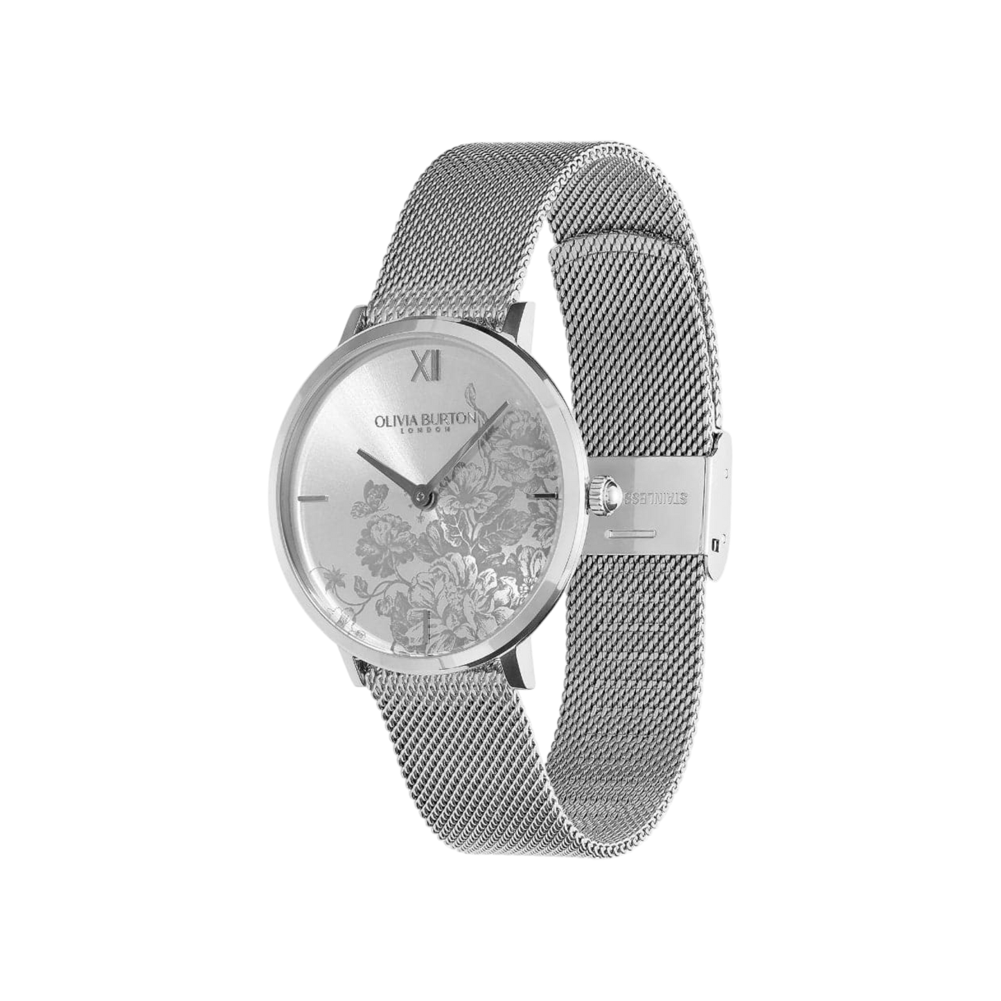 Olivia Burton Floral Blooms 35mm Ultra Slim Silver Mesh Watch
