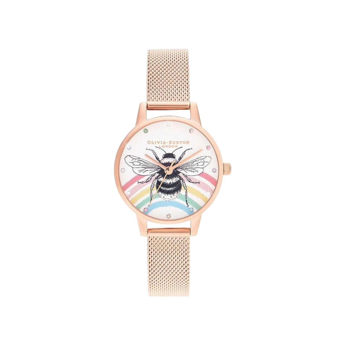 Olivia Burton Illustrated Animals 30mm Rainbow Bee & Rose Gold Mesh Watch