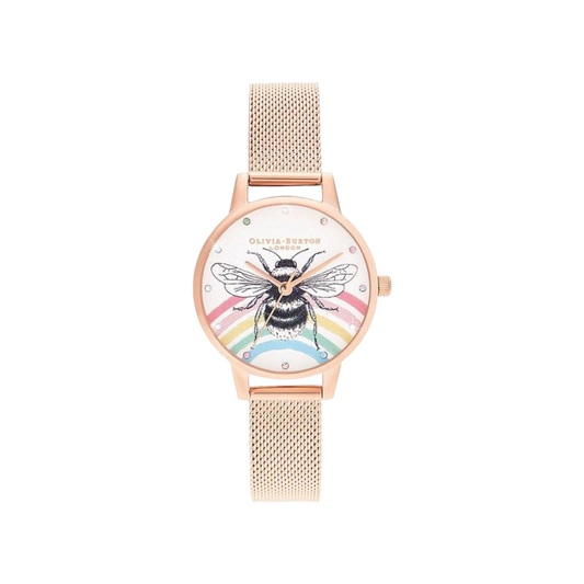 Olivia Burton Illustrated Animals 30mm Rainbow Bee & Rose Gold Mesh Watch