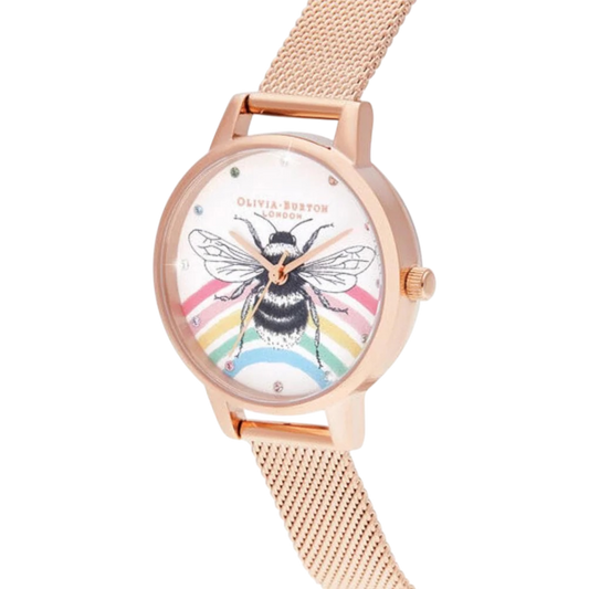Olivia Burton Illustrated Animals 30mm Rainbow Bee & Rose Gold Mesh Watch