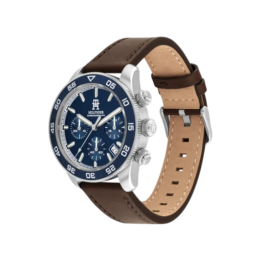 Tommy Hilfiger Chronograph Men's Blue & Brown Leather Strap Watch 41mm