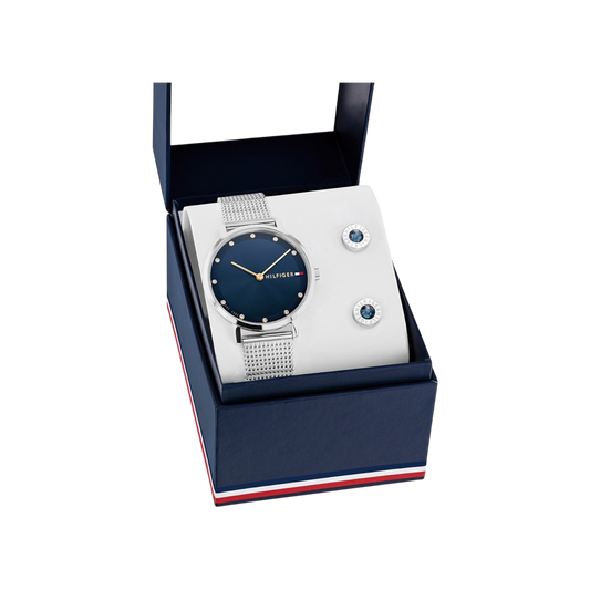 Tommy Hilfiger Women's Gift Set Blue & Silver Mesh Bracelet Strap Watch 35mm with Earrings