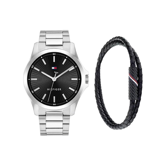 Tommy Hilfiger Women's Gift Set Black & Silver Bracelet Strap Watch 42mm with Bracelet
