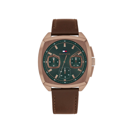 Tommy Hilfiger Apollo Men's Green with Rose Gold Stainless Steel Case & Leather Strap Watch 41mm