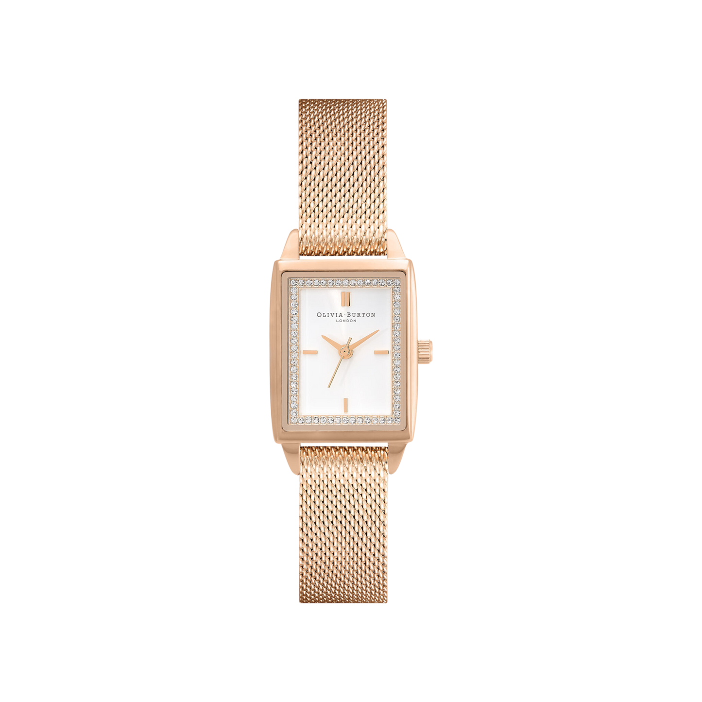 Olivia Burton Classic 21mm Rectangle White & Carnation Gold Mesh Watch