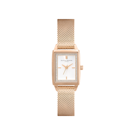 Olivia Burton Classic 21mm Rectangle White & Carnation Gold Mesh Watch
