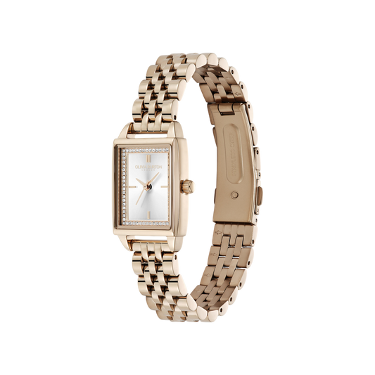 Olivia Burton Classic 21mm Rectangle White & Carnation Gold Bracelet Watch