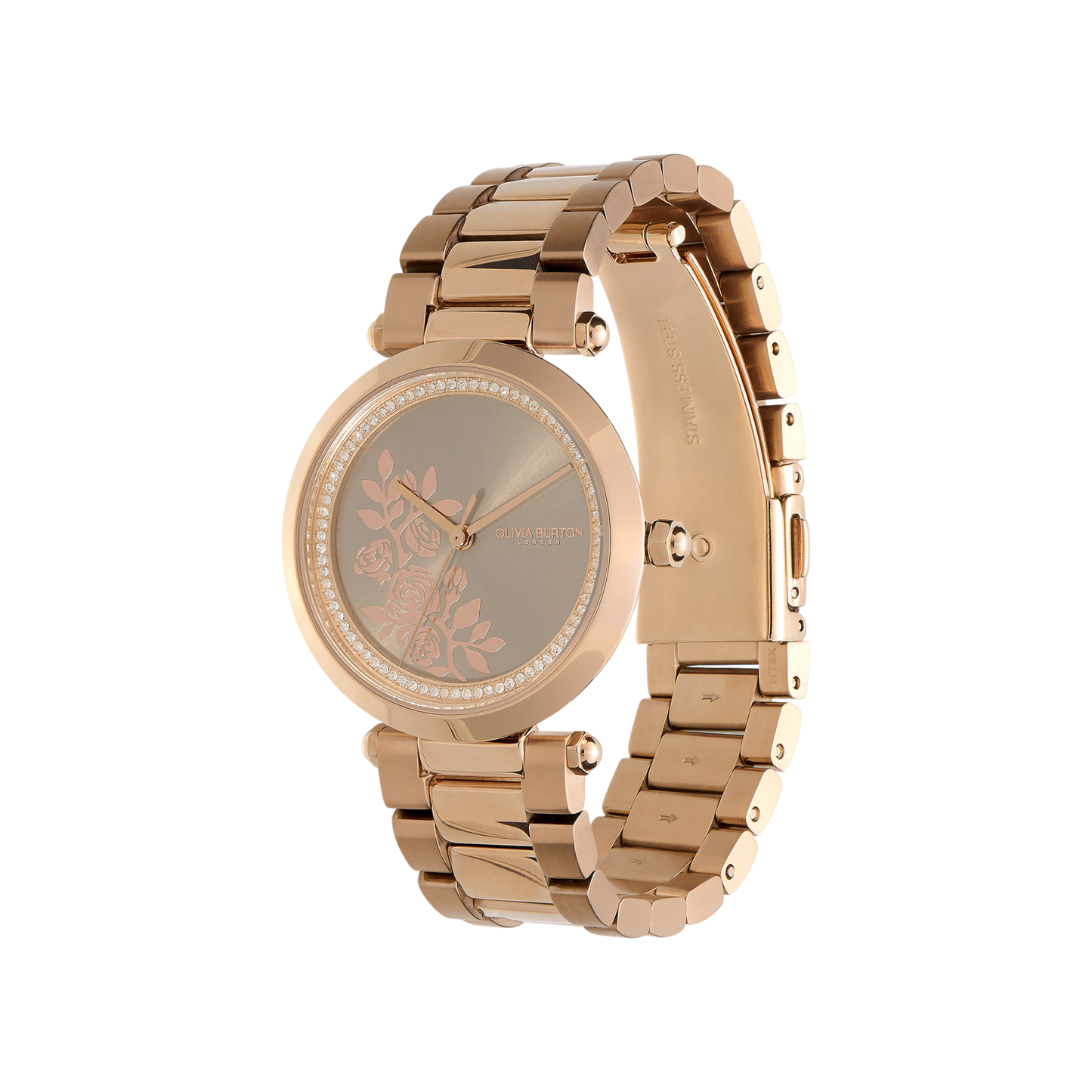 Olivia Burton Signature 34mm Floral T-Bar Grey & Carnation Gold Bracelet Watch