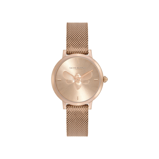 Olivia Burton Signature 28mm Bee Ultra Slim Carnation Gold Mesh Watch