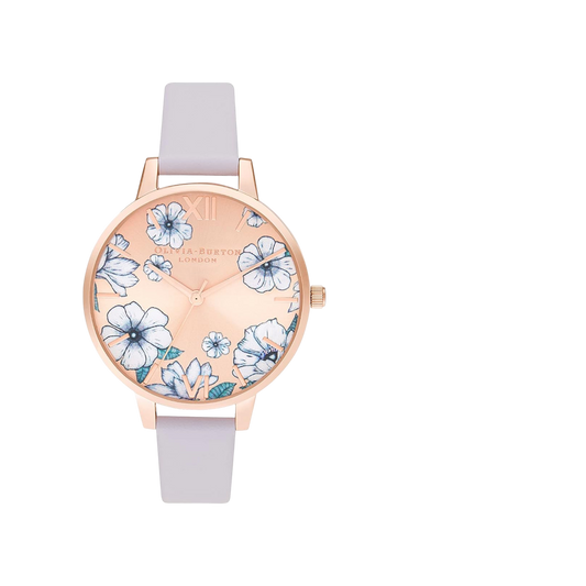 Olivia Burton Groovy Blooms 34mm Rose Gold & Purple Leather Strap Watch
