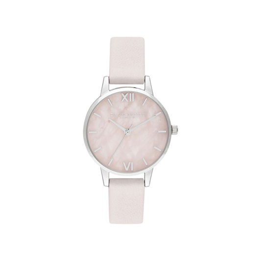 Olivia Burton Semi Precious 30mm Midi Rose Quartz Blossom & Pink Leather Strap Watch