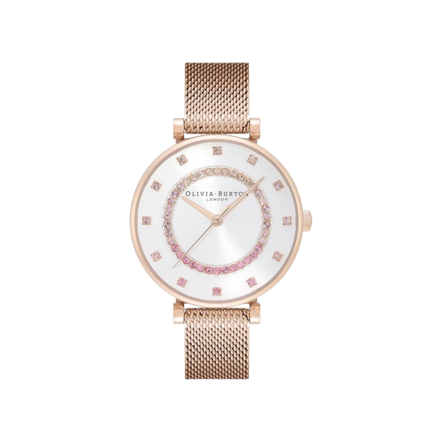 Olivia Burton Belgrave 32mm T-Bar White & Carnation Gold Mesh Watch