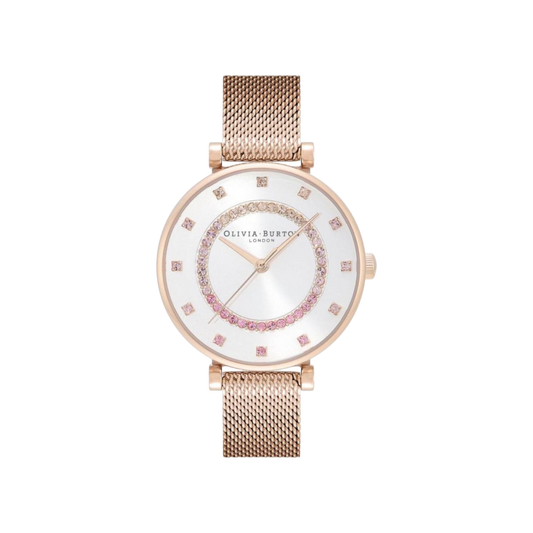 Olivia Burton Belgrave 32mm T-Bar White & Carnation Gold Mesh Watch