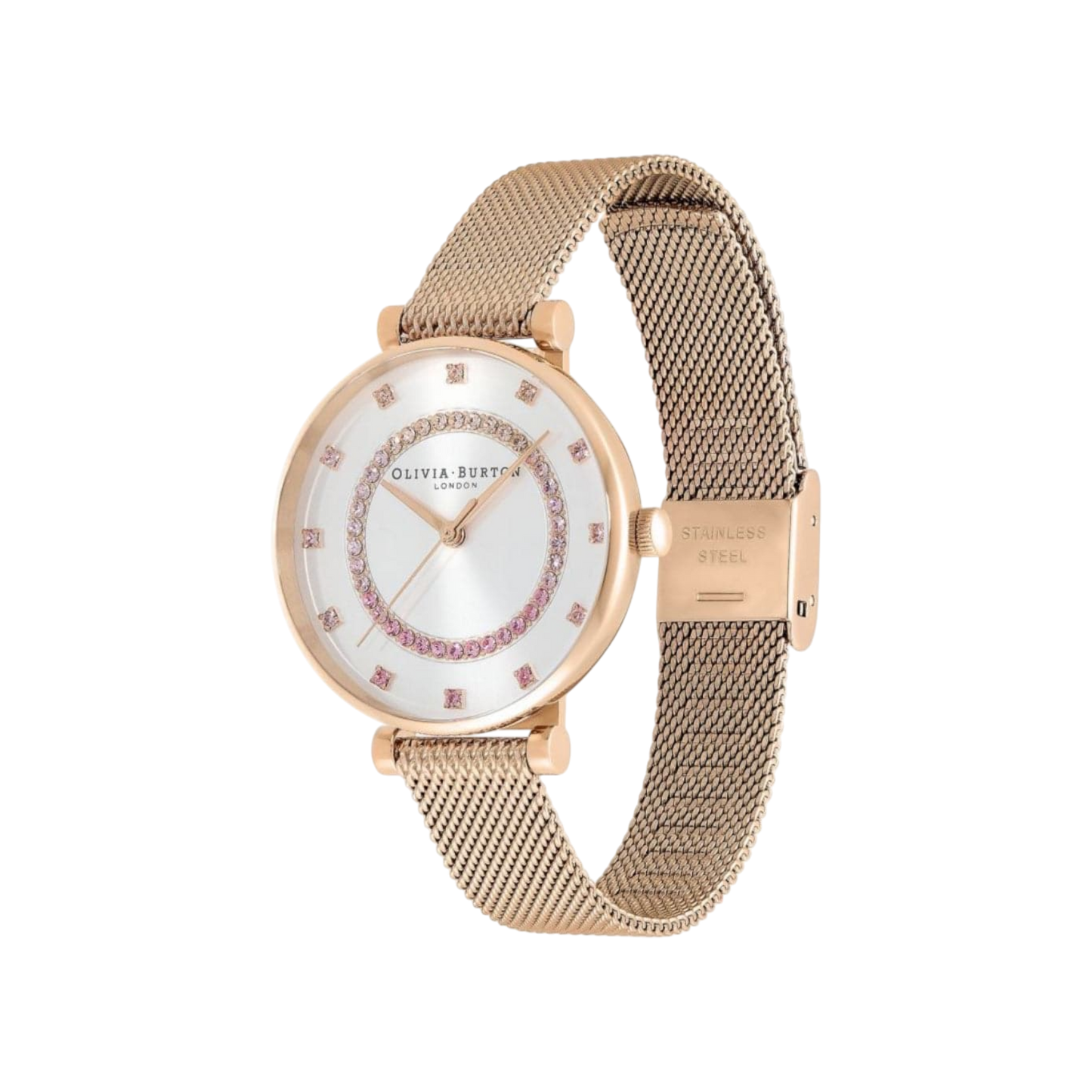 Olivia Burton Belgrave 32mm T-Bar White & Carnation Gold Mesh Watch