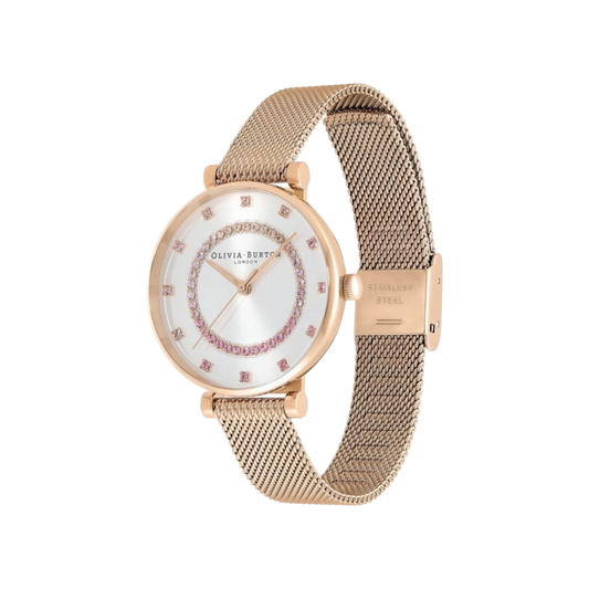 Olivia Burton Belgrave 32mm T-Bar White & Carnation Gold Mesh Watch