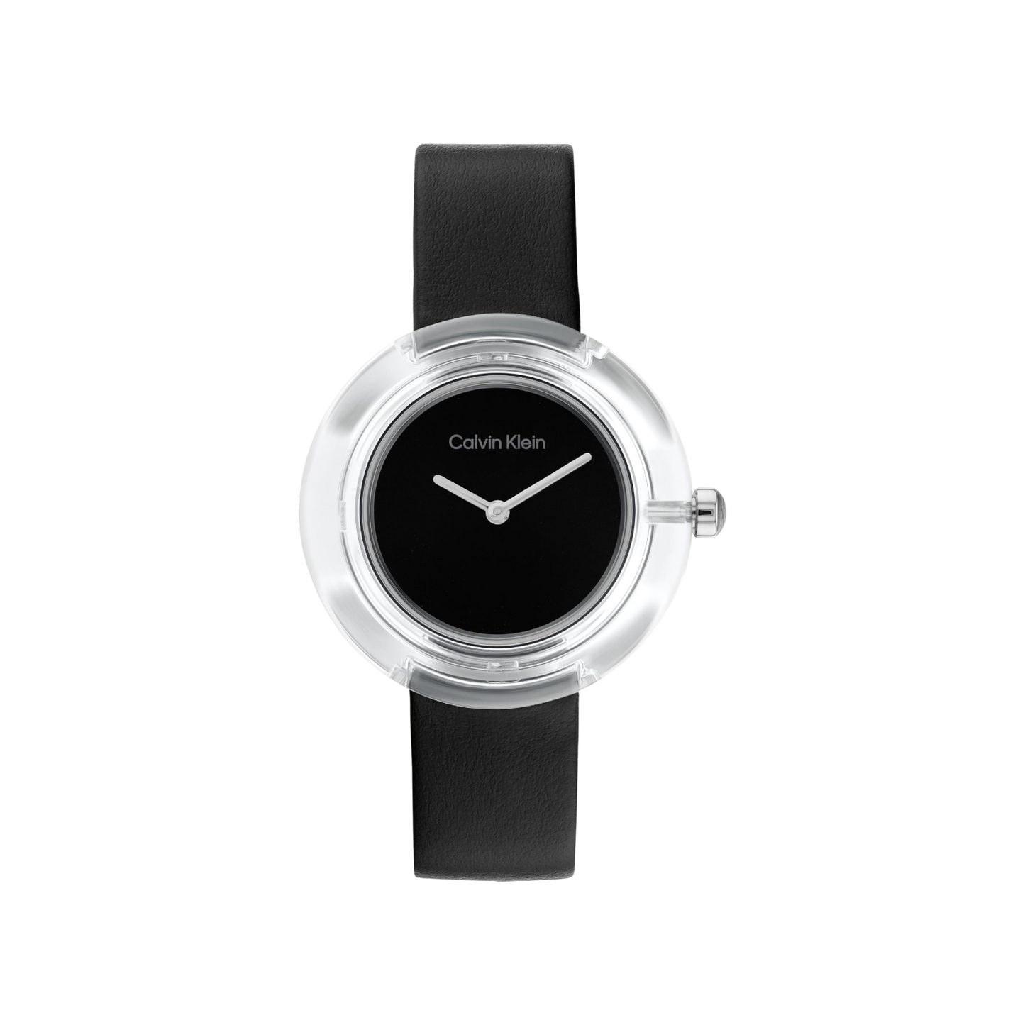 Calvin Klein Circular Transparent Resin Women's Black Dial & Black Leather Strap Watch 36mm