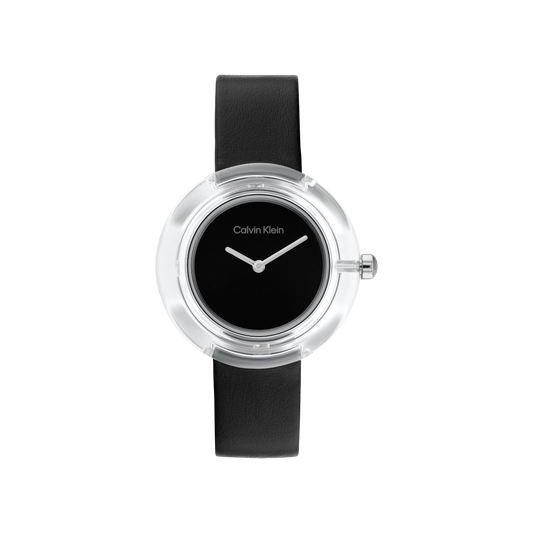 Calvin Klein Circular Transparent Resin Women's Black Dial & Black Leather Strap Watch 36mm
