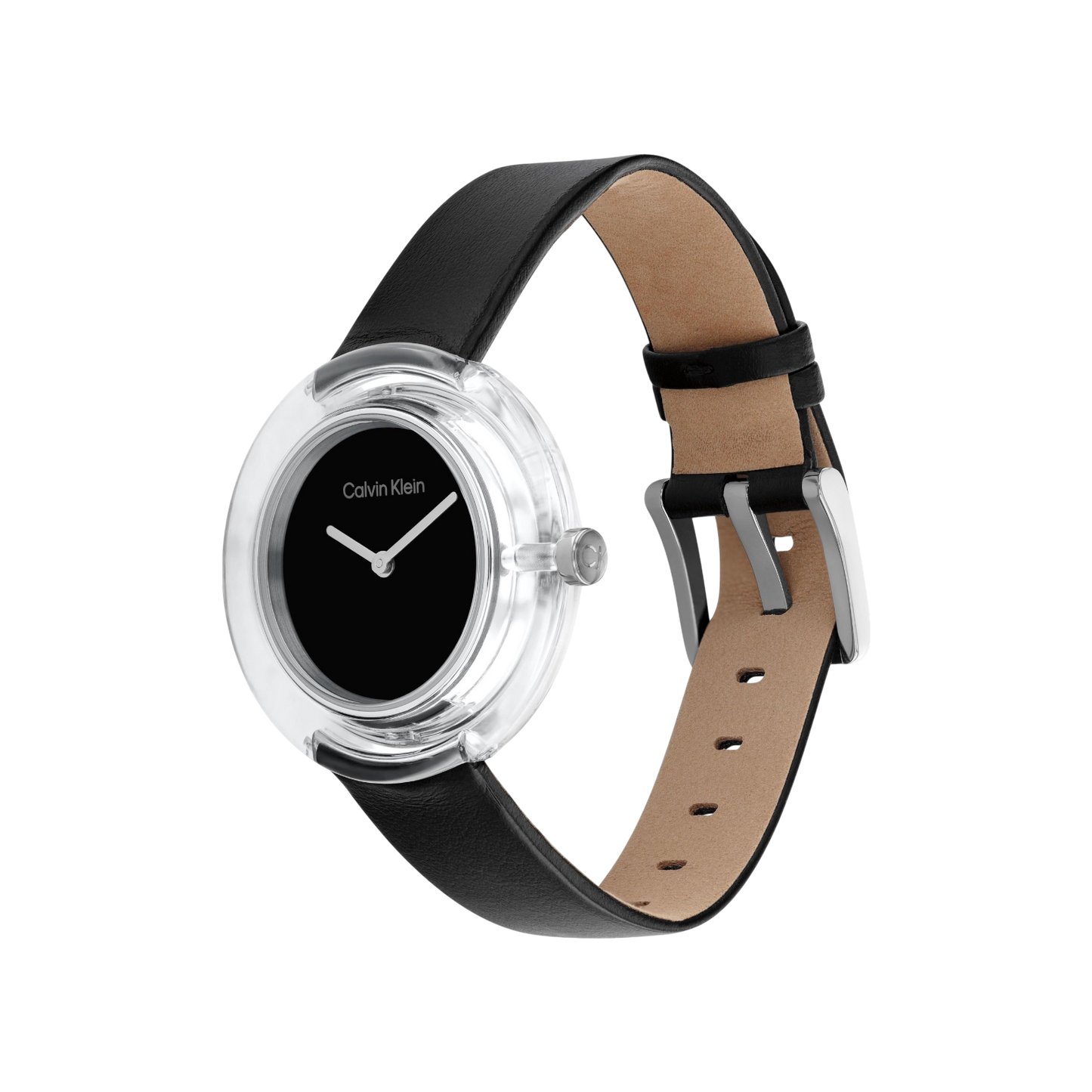 Calvin Klein Circular Transparent Resin Women's Black Dial & Black Leather Strap Watch 36mm
